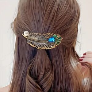 Gold  Feather Hair Accessory with Peacock Design